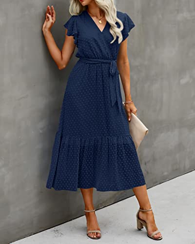 Image of BTFBM Women Summer Bohemian Floral Casual Wrap V Neck Ruffle Cap Sleeveless Belt A-Line Pleated Hem Midi Sun Dress White