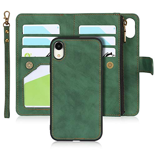 Jaorty Wallet Case Compatible with iPhone XR,[6 Card Slots] [Wrist Strap] [Stand Feature] Detachable 2 in 1 Magnetic Zipper Leather Slim Cover Case for iPhone XR,6.1 inch Green