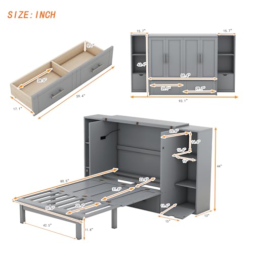 Queen Murphy Bed with Storage Bookcase Shelves,Drawers and Charging Station,Wood White Folding Murphy Chest Bed Cabinet for Adults,Grey