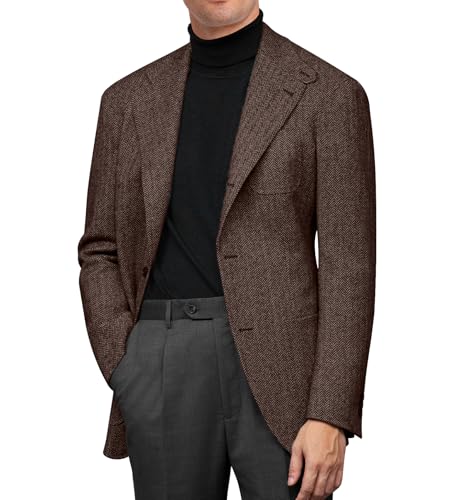 Image of Men Blazer Jacket Vintage Herringbone Tweed Sport Coats Wool Blend Warm Winter Brown Formal Jackets Men for Prom Party L