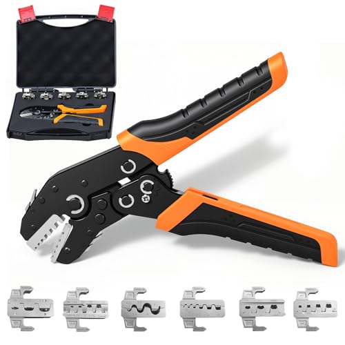 6-in-1 Crimping Tool Kit, Wire Crimping Tool with Quick-Change 6 Dies (40Cr), Ratcheting Wire Crimper Tool for Dupont, Ferrule, Open Barrel, Heat Shrink/Insulated, Non-Insulated & Solar, Case Included