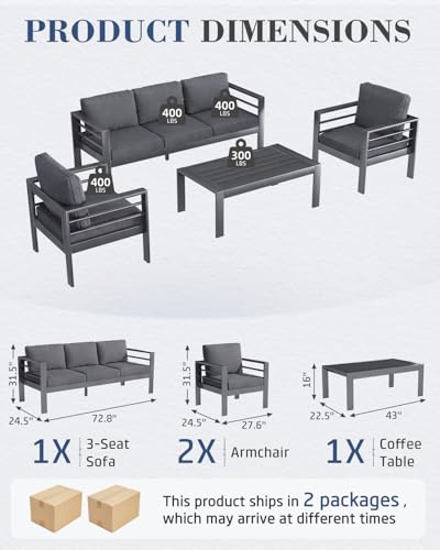 Image of AECOJOY Aluminum Patio Furniture Set, 5 Seats Modern Outdoor Furniture with Coffee Table, 4 Pieces Metal Conversation Sectional Sofa, Dark Gray
