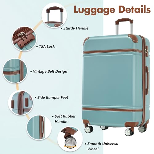 Hardshell Luggage Sets with Bags Lightweight Suitcase Double Spinner Wheels with TSA Lock,Single Vintage Luggage 24 IN,Green2
