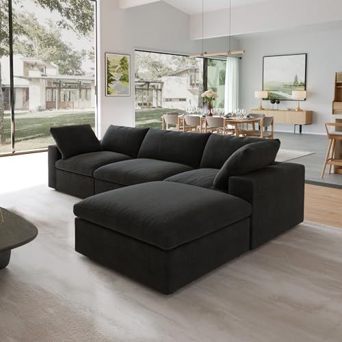 Image of JACH L-Shaped Cloud Sectional Couches for Living Room, Modular Convertible Sofa, Ottoman with Storage, Thick Cushions, Couch Covers Removable, Cloud Sectional Sofas for Apartment (Black)