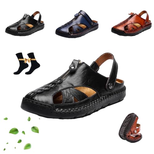 WINDEHAO Sandalias exterior transpirables cuero suave gran tamaño para hombre, sandalias ortopédicas verano agujeros, sandalias cuero punta cerrada para caminar la playa (43EU,Black)