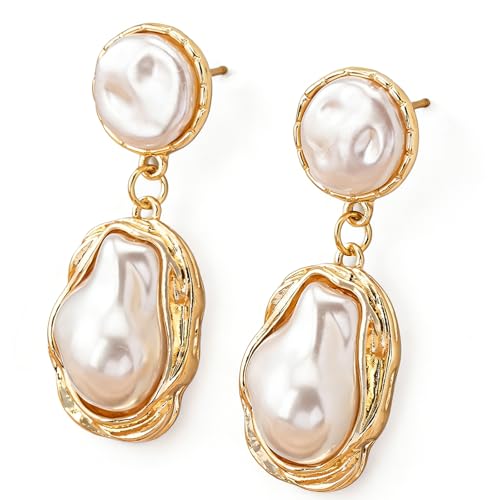 Vintage Large Baroque Pearl Dangle Drop Earrings,Baroque Pearl Statement Drop Earrings For Women,Gold Pearl Statement Earrings for Wedding Elegant Bridal Party Fashion（Gold+White）