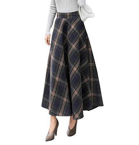 Damen Lange Rock Elegant Wollrock Winterrock Warm Plaid Casual Party Maxirock Hohe Taille A-Linie röcke Retro Elastische Taille Faltenrock Dunkelblau...