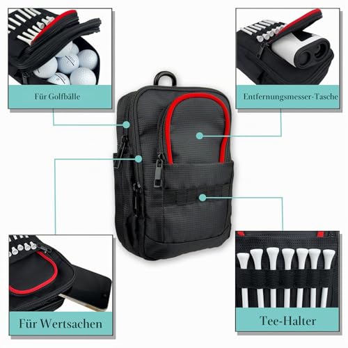 Taktische Golf-Wertsachen-Tasche mit Karabiner, wasserabweisend, Golftasche, Tasche für Gürtel, Wagen oder Rucksack, kompakte Golf-Zubehörtasche für Bälle, Tees, Handschuhe und EDC-Ausrüstung, Schwarz