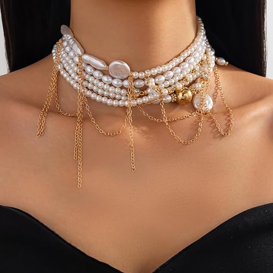 Collier de perles multicouches tendance bijou perles blanches femme