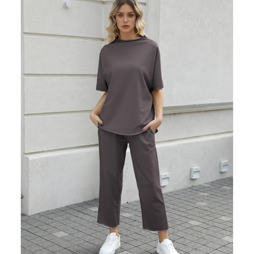 Image of SeeLuNa Women's Two Piece Outfits 3 /4 Batwing Sleeve Capelet Crew Neck Pullover Top Wide Leg Pants Lounge Set