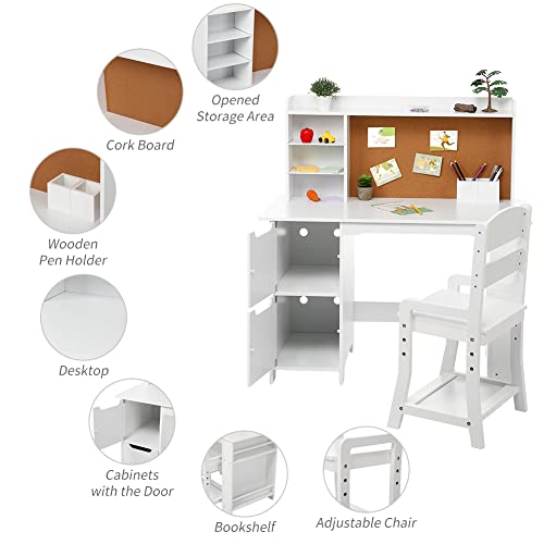 Crevyteg Kindertisch Set aus Holz, Kinderschreibtisch mit Höhenverstellbare Stuhl, Schülerschreibtisch mit Bücherregal, Schrank & Pinnwand, Jugendschreibtisch für Kinder ab 3 Jahren, Weiß ﻿