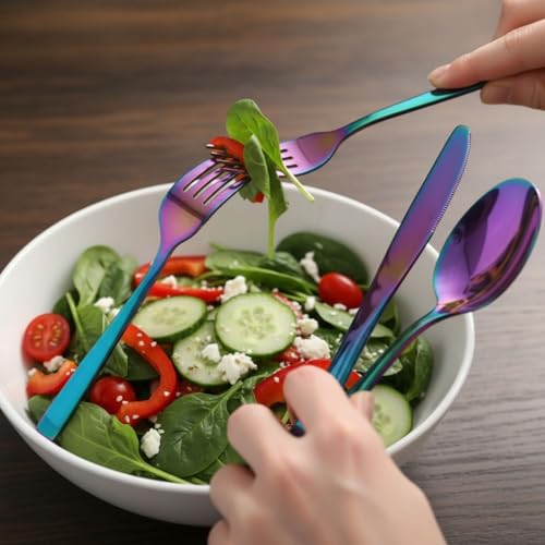 Image of Mirror Polished Rainbow 16 Pcs Stainless Steel Cutlery Set for Dining Table, Dishwasher Safe Glossy Flatware (4 Spoon Set + 4 Forks Set + 4 Butter Knife + 4 Dessert Spoon)