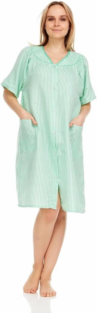 Women's Snaps Front Closure House Dress Short Sleeve Woven Housecoat Duster Lounger Robe