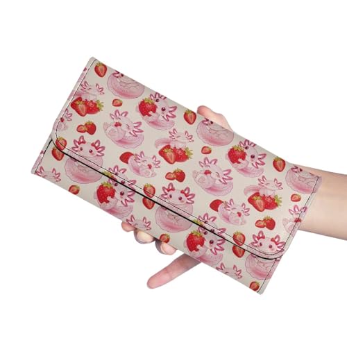 Image of AFPANQZ Blocking Wallets for Women Leather Long Ladies Wallet Axolotl Strawberry Womens Wallet with Coin Pocket ID Window