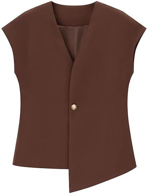 Women Vintage Sleeveless Vest Single Button V-Neck Office Lady Waistcoat
