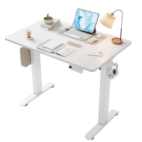 Image of YDN 35 inch Small Electric Standing Desk Adjustable Height, Sit Stand up Desk with Memory Presets & Cable Management, Home Office Desk for Office & Computer Workstation, White Frame /White Top