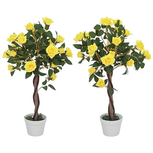 Outsunny Set de 2 Rosas Artificiales 90cm/3FT, Planta Decorativa Falsa con Maceta, Decoración Interior Falsa, Decoración Oficina Hogar, Amarillo