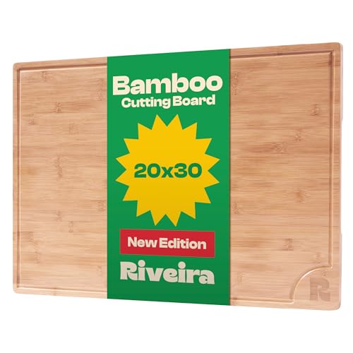Riveira Brown Bamboo Wood Cutting Board  Gourmet Bamboo Grandeur: 20 x 30 Wooden Cutting Board  Wooden Cutting Boards For Kitchen Decorative  Innovative Juice Grooves Wooden Chopping Board