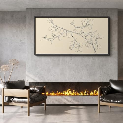 Image of MUDECOR Extra Large Framed Canvas Print Wall Art Simple Line Art Birds on Branch Botanical Minimalist Antique Retro Ready to Hang Painting for Living Room Bedroom Multi-Sizes - 60 inchx30 inch