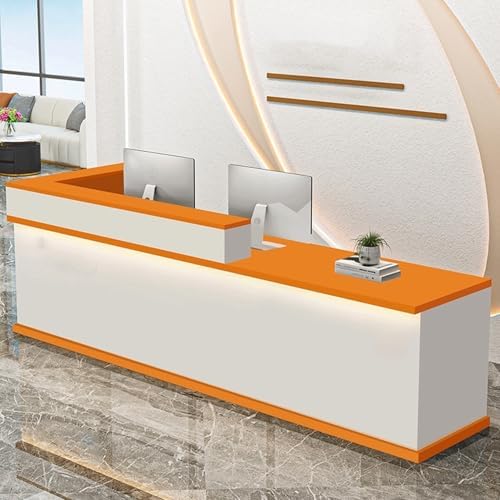 Modern L-Shaped Reception Desk with LED Lights, Stylish Wooden Front Counter with Lockable Drawer, Ideal Office Desk for Classrooms & Reception Areas (White/Gray, 55in)