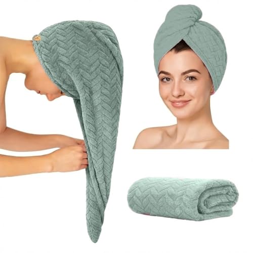 Image of MAXOSHINE Hair Towel Wrap for Women-Quick Drying Microfiber Towel for Hair with Elastic Loop for Tying-Super Absorbent Head Towels Wrap for Ladies Hair Turban (Light Green)