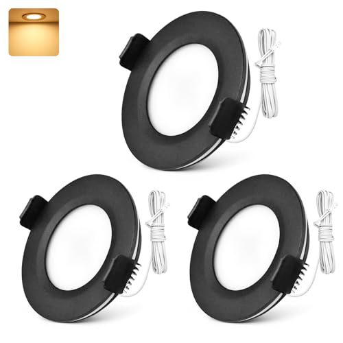 GeyouLux Set di 3 Faretti LED Soffitto 12V-24V, IP44 3000K Bianco caldo Dimmerabili, 3W 300LM Faretti LED da Incasso per cartongesso, Foro 58-62mm Alluminio Faretti da incasso Nero