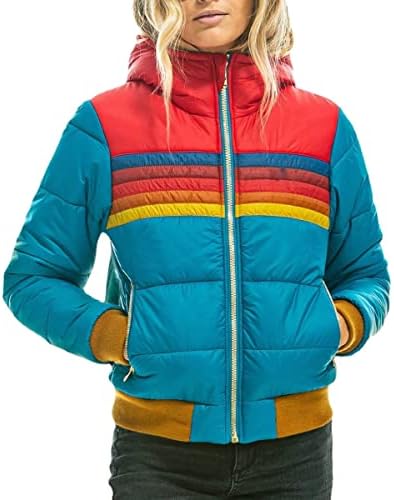 iXubem Womens Rainbow Zip-up Winter Down Jackets Casual Fashion Striped Hooded Puffer Coat Outerwear Plus Size Parkas
