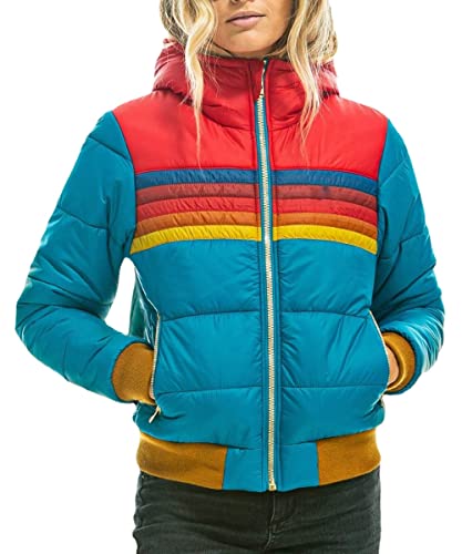 Ixubem Womens Rainbow Zip-Up Winter Down Jackets Casual Fashion Striped Hooded Puffer Coat Outerwear Plus Size Parkas #TOP16
