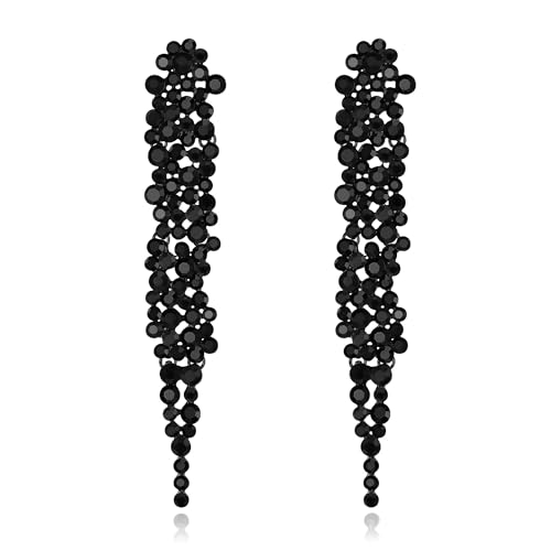 EVER FAITH Austrian Crystal Art Deco Statement Earring, Banquet Prom Long Chandelier Dangle Earrings for Woman Black Black-Tone
