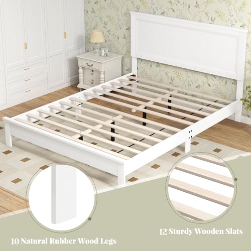 Image of GIANTEX Wood Queen Platform Bed Frame with Headboard, Mid Century Bed Frame with Solid Wood Legs & Wooden Slat Support, No Box Spring Needed, White Bed