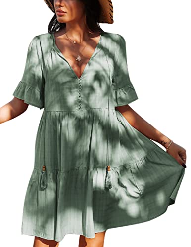 Chigant Damen Cover Up Kleid Sommer Strandkleid Lose Badeanzug Coverup V Ausschnitt Knopf Strandkleidung mit Quasten S-XXL, Grün , Medium Cover
