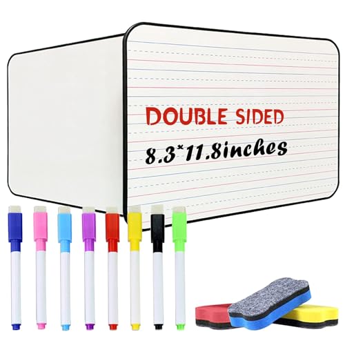 OWill Lined Mini Dry Erase Board, A4, Ruled & Blank, Double Sided Portable Whiteboard with 8 Markers & 3 Erasers