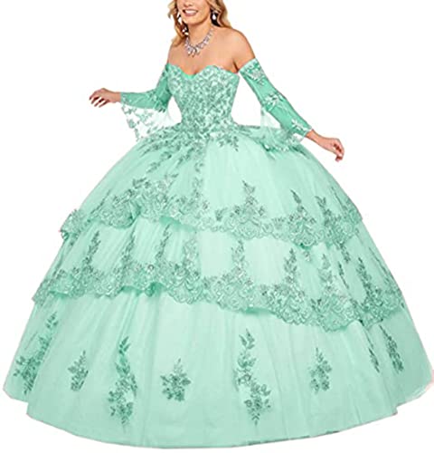 Robe de Quinceañera manches longues aqua sublimant la taille 38 en bal