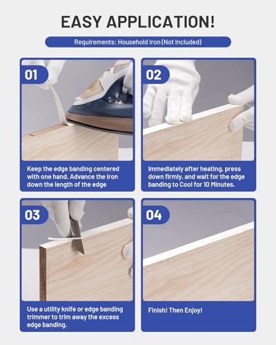 Image of Melamine Edge Banding White 3 /4 inch x 6.5 ft Veneer Edging Easy Application Iron on Edge Banding Tape for Cabinet Plywood Repairs Furniture Restoration