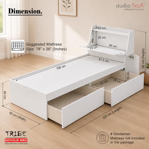 Image of Studio Kook Tribe Right Single Bed with Headboard Storage & 2 Drawers | Engineered Wood Bed | Fits 78 x 36 inch Mattress | Moonshine White | Mattress Not Included
