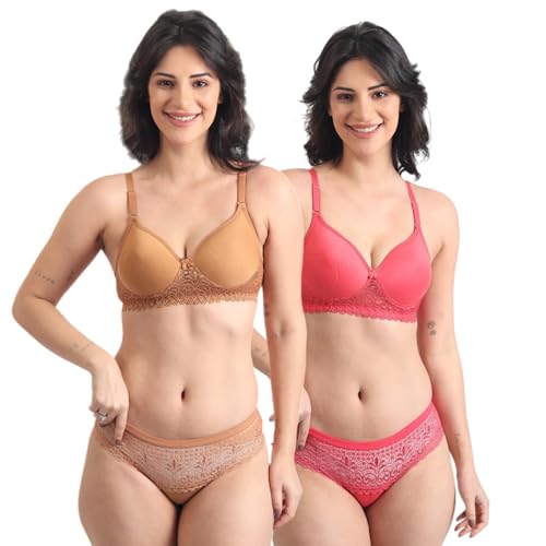 Image of SGC SWEDEN Women's Lingerie Set | Lace Fabric Lightly Padded Non Wire Push-Up Bridal Bra Panty Lingerie Set