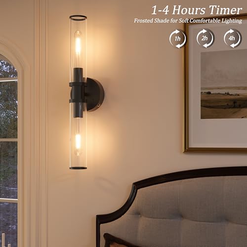 Image of Rayogale Black Wireless Battery Operated Wall Sconces with Remote Control | Glass Rechargeable Wall Lights Set of 2 with Timer Function Dimmable for Living Room Bedroom Emergency 3000K, 20.5 Inch