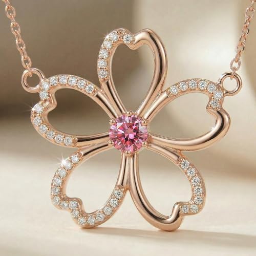 FOLIO ARC Cherry Blossom Necklace for Women, Dainty Sakura Flower Pendant Necklace with Pink Crystal, Rose Gold Floral Jewelry Gift for Her — view 2