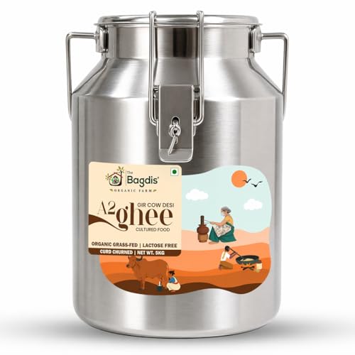 Image of The Bagdis Organic A2 Gir Cow Cultured Ghee | 100% Pure Bilona Hand-Churned Desi Ghee | Grass-Fed, Cultured, Golden & Granular | No Preservatives | Traditional Ayurvedic Ghee 5L Steel Can