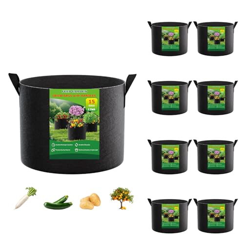 FEED GARDEN 15 Gallon Grow Bags 8 Pack Heavy Duty 300G Thick Fabric Plant Pots with Reinforced Handles Breathable Drainage Planters for Tomatoes Potatoes & Large Vegetables Indoor Outdoor