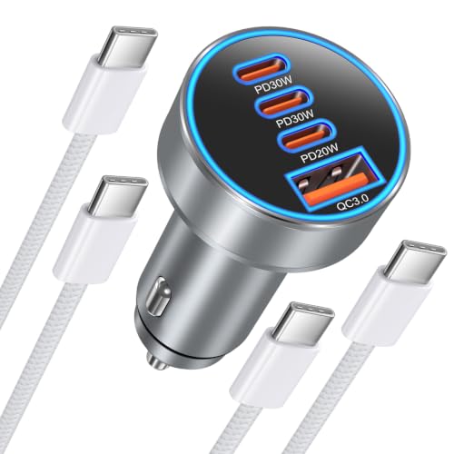 Cargador rápido de coche USB C de 98W multidispensador con cable de carga rápida tipo C
