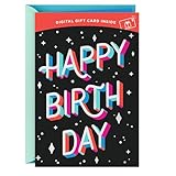 Le devant de la carte présente « Happy Birthday » en lettrage lumineux et audacieux sur un fond noir décoré de diamants et d'étoiles brillants de style rétro.