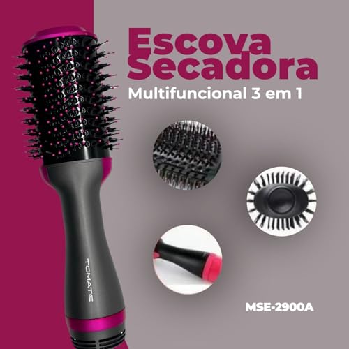 Escova Secadora Multifuncional 3 em 1 Seca Alisa e Modela 3 Temperatura ajustavel - Tomate