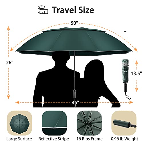 Urvoix Travel Umbrella Windproof For Rain - Double Canopy Vented With Reflective Strip, Automatic Open/Close Folding Umbrella For Backpack, Car - Compact And Lightweight For Men & Women (Dark Teal) #TOP1
