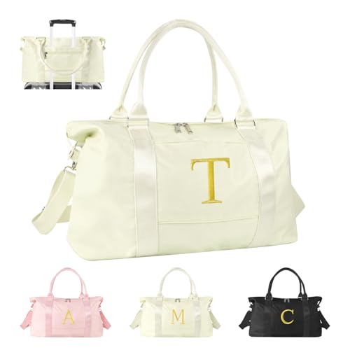 Personalized Initial Gym Dance Bag, Travel Duffel Bag for Teen Girls, Carry On Bag Overnight Weekender Bag with Trolley Sleeve, Birthday Gifts for Women Mom Daughter Graduation Gift(Letter T, Beige)