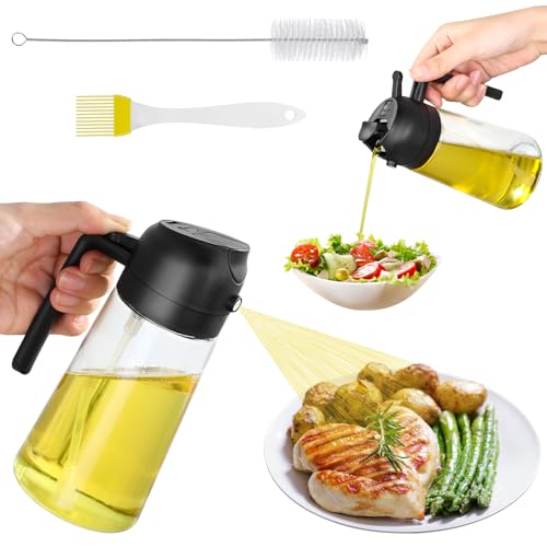Halinuia Spruzzino Olio per Friggitrice Aria 2 in 1 Spruzzare e Versare Spruzzatore Olio 470ml Oliera Spray con Spazzola per Cucina, Grill, Friggitrice Aria, Insalata