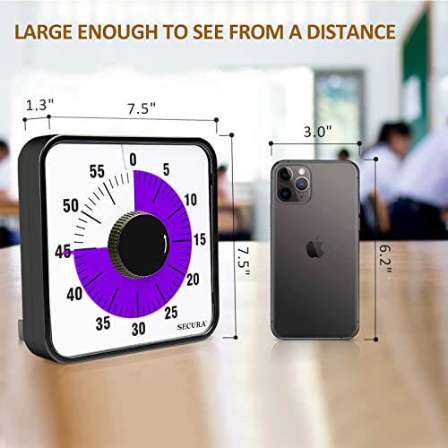 Secura 60-Minute Visual Countdown Timer, 7.5-Inch Oversize Classroom Visual Timer For Kids And Adults, Durable Mechanical Kitchen Timer Clock With Magnetic Backing (Purple) #TOP3