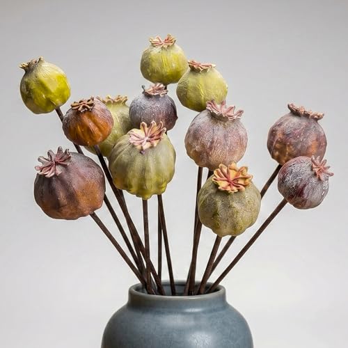 covwsei Artificial Flowers -12Pcs Artificial Poppy Pods, Real Touch Flowers for Bathroom,Coffee Table,Wedding, Home,Party Decoration,Table Centerpiece Arrangement (Green & Brown,No Include Vase)