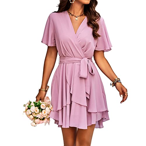 TcIFE Women's Casual Dress Deep V-Neck Short Sleeve Waist Tie Ruffle Chiffon Elegant Mini Short Swing Skater Dresses, Pink, S