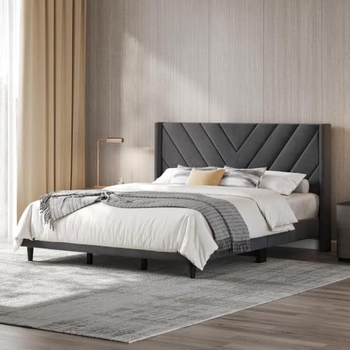 Image of Yaheetech King Bed Frame Upholstered Platform Bed /Wooden Slat Support /Tufted Headboard with Wing Side /Mattress Foundation /No Box Spring Needed,Dark Gray King